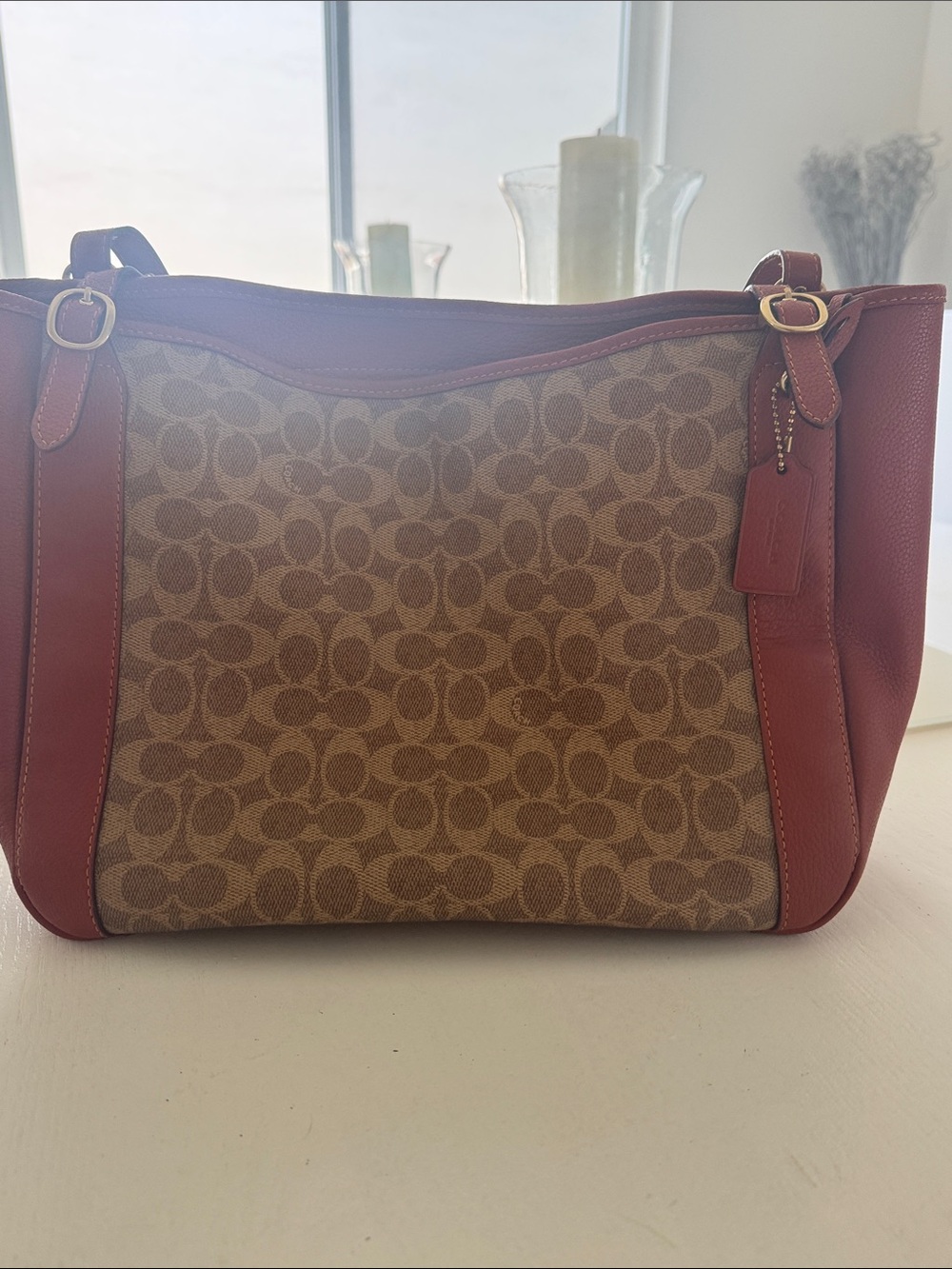Coach Signature Canvas Shoulder Bag with Red Leather Trim